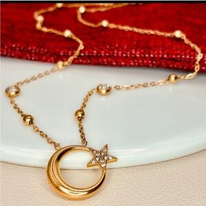 Free People Gold Crescent Moon and Star CZ Dainty Necklace